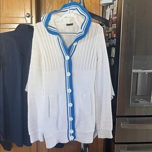 Moda International White Blue Hooded Cardigan Medium
